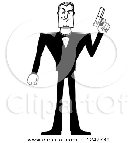 Clipart of a Black and White Male Spy Standing and Holding up a Pistol - Royalty Free Vector Illustration by Cory Thoman