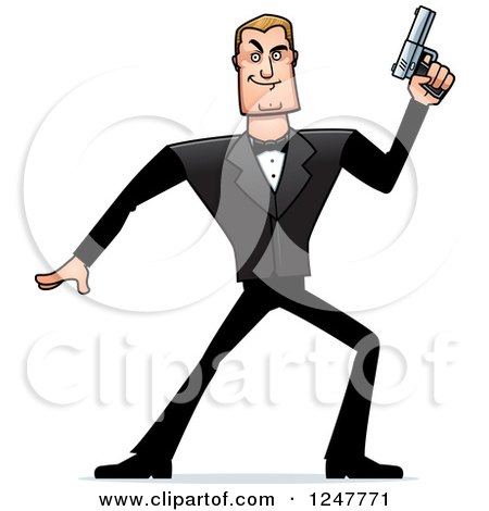 Clipart of a Blond Caucasian Male Spy Holding up a Pistol - Royalty Free Vector Illustration by Cory Thoman