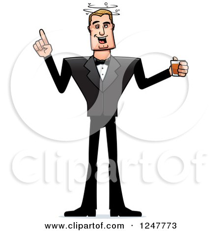 Clipart of a Drunk Blond Caucasian Male Spy or Groom Holding Alcohol - Royalty Free Vector Illustration by Cory Thoman