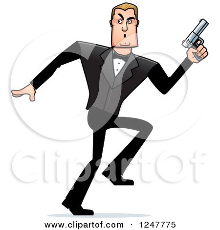 Clipart of a Blond Sneaky Caucasian Male Spy Holding up a Pistol - Royalty Free Vector Illustration by Cory Thoman