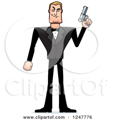 Clipart of a Blond Caucasian Male Spy Standing and Holding up a Pistol - Royalty Free Vector Illustration by Cory Thoman