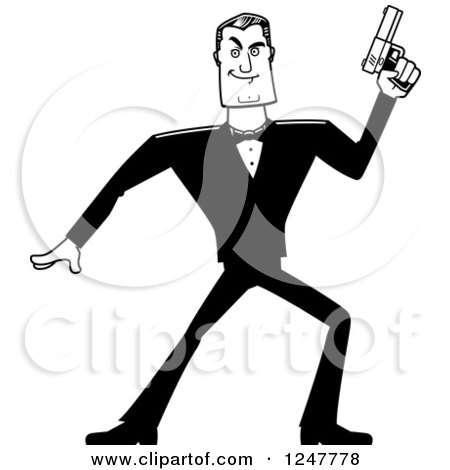 Clipart of a Black and White Male Spy Holding up a Pistol - Royalty Free Vector Illustration by Cory Thoman
