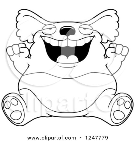 Clipart of a Black and White Fat Koala Sitting and Cheering - Royalty Free Vector Illustration by Cory Thoman