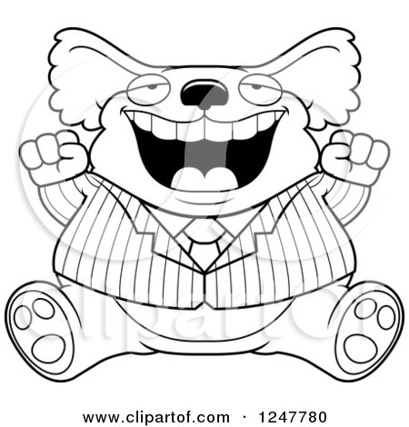 Clipart of a Black and White Fat Business Koala Sitting and Cheering - Royalty Free Vector Illustration by Cory Thoman