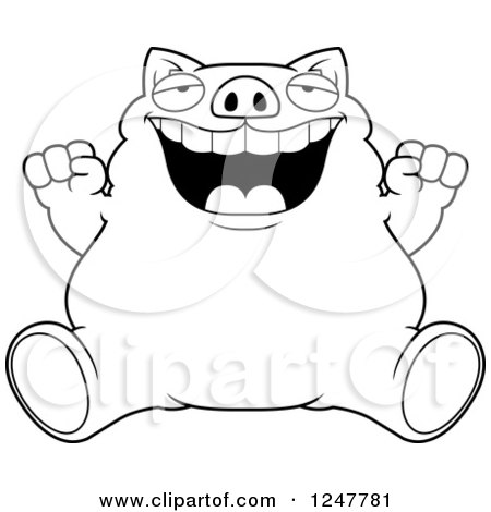 Clipart of a Black and White Fat Business Pig Sitting and Cheering - Royalty Free Vector Illustration by Cory Thoman