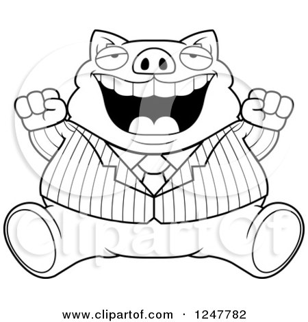 Clipart of a Black and White Fat Business Pig Sitting and Cheering - Royalty Free Vector Illustration by Cory Thoman