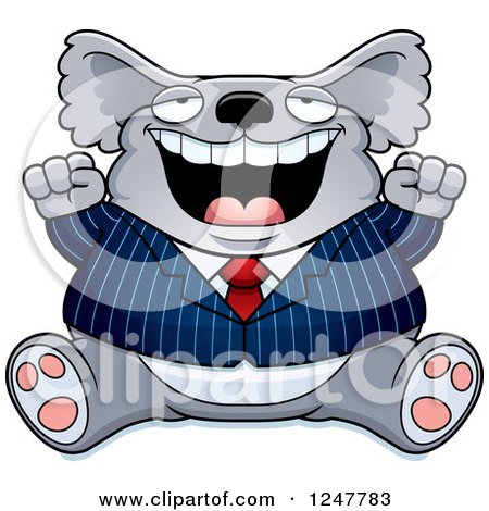 Clipart of a Fat Business Koala Sitting and Cheering - Royalty Free Vector Illustration by Cory Thoman