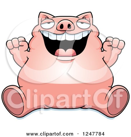 Clipart of a Fat Pig Sitting and Cheering - Royalty Free Vector Illustration by Cory Thoman
