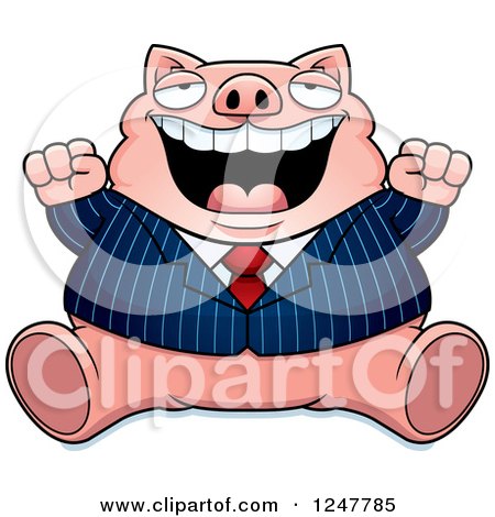 Clipart of a Fat Business Pig Sitting and Cheering - Royalty Free Vector Illustration by Cory Thoman