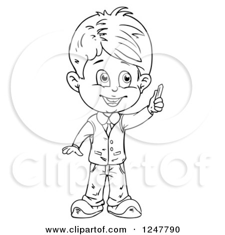 Clipart of a Black and White School Boy Holding Chalk - Royalty Free Vector Illustration by merlinul