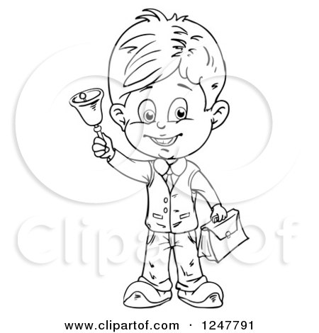 Clipart of a Black and White School Boy Holding a Bell - Royalty Free Vector Illustration by merlinul