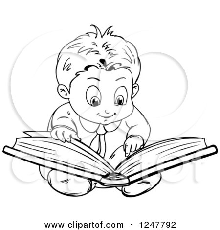Clipart of a Black and White Boy Reading a Book on the Floor - Royalty Free Vector Illustration by merlinul
