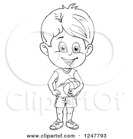 Clipart of a Black and White Boy Holding a Basketball - Royalty Free Vector Illustration by merlinul