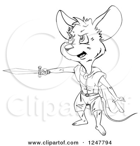 Clipart of a Black and White Super Mouse Holding out a Sword - Royalty Free Vector Illustration by merlinul