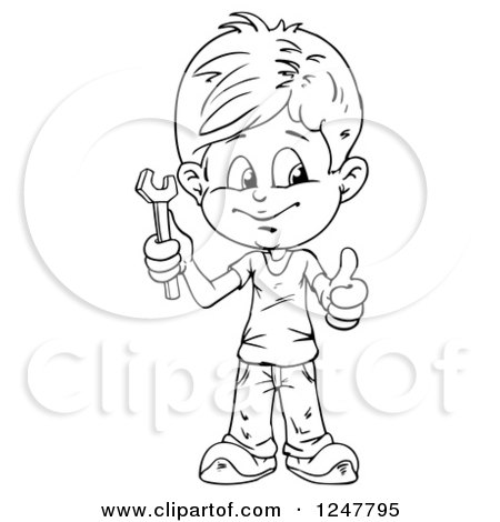 Clipart of a Black and White Boy Holding a Wrench - Royalty Free Vector Illustration by merlinul
