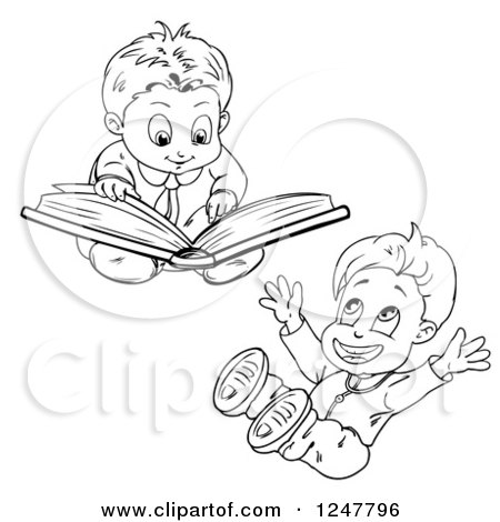 Clipart of a Black and White Boy Reading and Cheering - Royalty Free Vector Illustration by merlinul