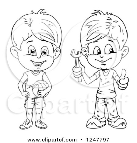 Clipart of Black and White Boys Holding a Wrench and Basketball - Royalty Free Vector Illustration by merlinul