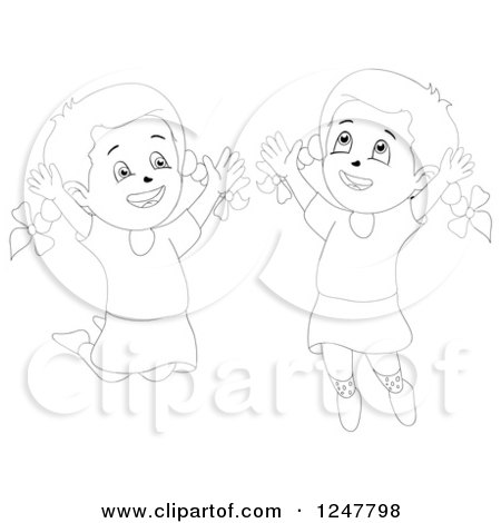 Clipart of Black and White Sketched Happy Girls Jumping - Royalty Free Vector Illustration by merlinul