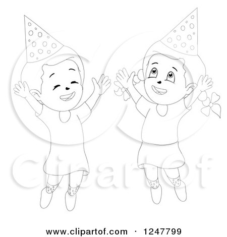 Clipart of Sketched Black and White Happy Girls Jumping in Party Hats - Royalty Free Vector Illustration by merlinul