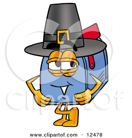 Clipart Picture of a Blue Postal Mailbox Cartoon Character Wearing a Pilgrim Hat on Thanksgiving by Mascot Junction