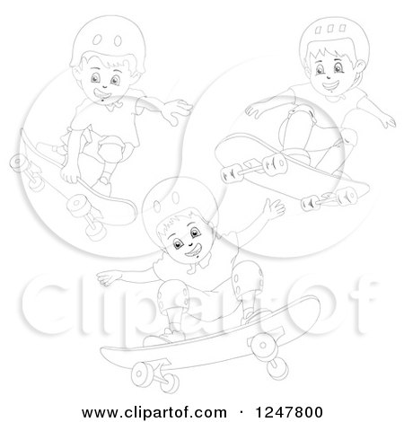 Clipart of Black and White Boys Skateboarding - Royalty Free Vector Illustration by merlinul