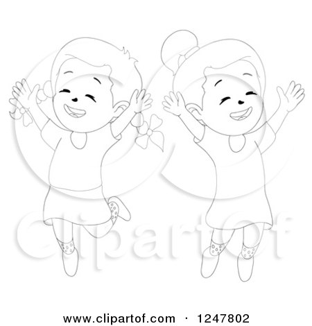 Clipart of Black and White Sketched Happy Girls Jumping - Royalty Free Vector Illustration by merlinul