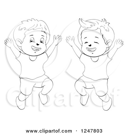 Clipart of Black and White Happy Boys Jumping - Royalty Free Vector Illustration by merlinul