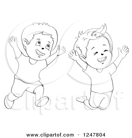 Clipart of Black and White Happy Boys Jumping - Royalty Free Vector Illustration by merlinul