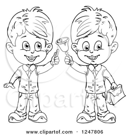 Clipart of Black and White School Boys Holding Chalk and a Bell - Royalty Free Vector Illustration by merlinul