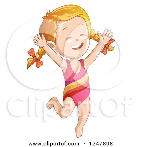 Clipart of a Happy Girl Jumping in a Swimsuit - Royalty Free Vector Illustration by merlinul