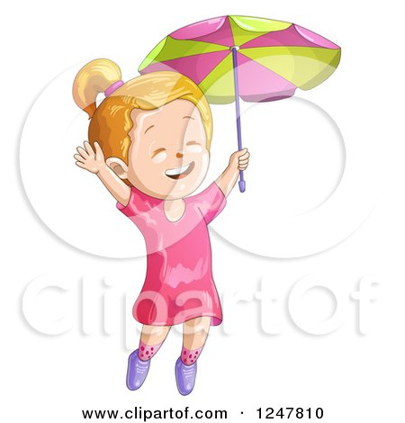 Clipart of a Happy Girl Jumping with an Umbrella - Royalty Free Vector Illustration by merlinul