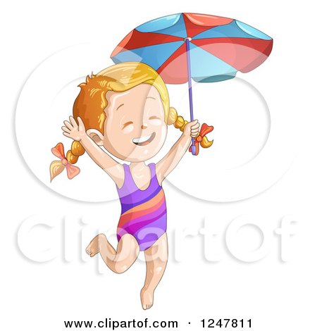 Clipart of a Happy Girl Jumping in a Swimsuit and Holding an Umbrella - Royalty Free Vector Illustration by merlinul