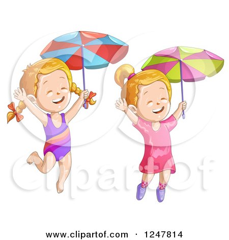 Clipart of Happy Girls Jumping with Umbrellas - Royalty Free Vector Illustration by merlinul