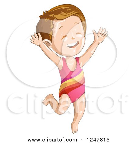 Clipart of a Happy Short Haired Girl Jumping in a Swimsuit - Royalty Free Vector Illustration by merlinul
