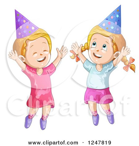 Clipart of Happy Girls Jumping in Party Hats - Royalty Free Vector Illustration by merlinul