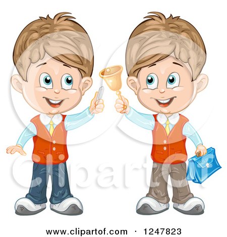 Clipart of School Boys Holding Chalk and a Bell - Royalty Free Vector Illustration by merlinul