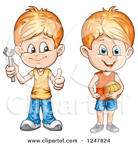 Clipart of Boys Holding a Wrench and Basketball - Royalty Free Vector Illustration by merlinul