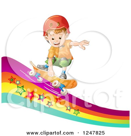 Clipart of a Boy Skateboarding on a Rainbow Wave - Royalty Free Vector Illustration by merlinul