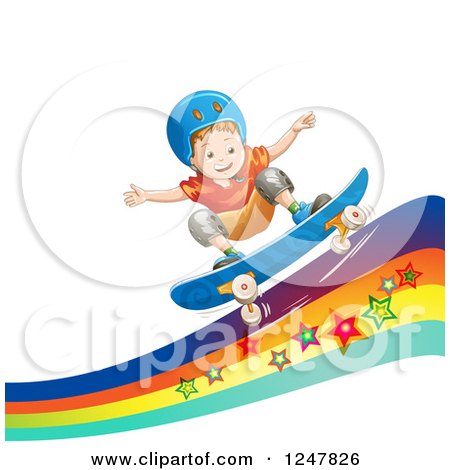 Clipart of a Boy Skateboarding on a Rainbow Wave - Royalty Free Vector Illustration by merlinul