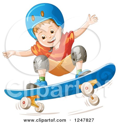 Clipart of a Boy Skateboarding in a Blue Helmet - Royalty Free Vector Illustration by merlinul