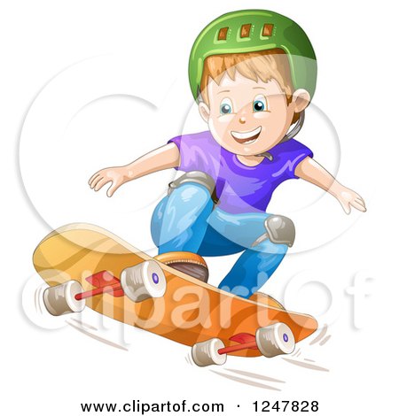 Clipart of a Boy Skateboarding in a Green Helmet - Royalty Free Vector Illustration by merlinul