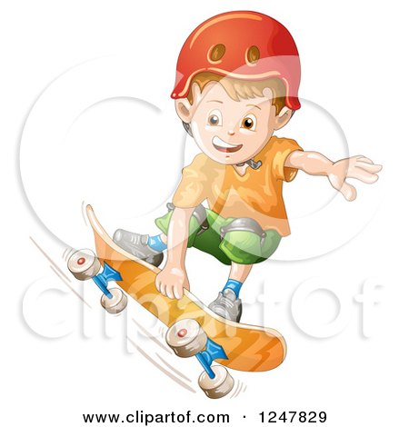 Clipart of a Boy Skateboarding in a Red Helmet - Royalty Free Vector Illustration by merlinul