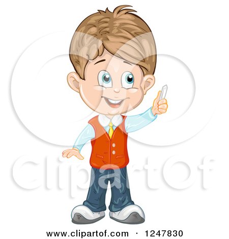 Clipart of a School Boy Holding up Chalk - Royalty Free Vector Illustration by merlinul