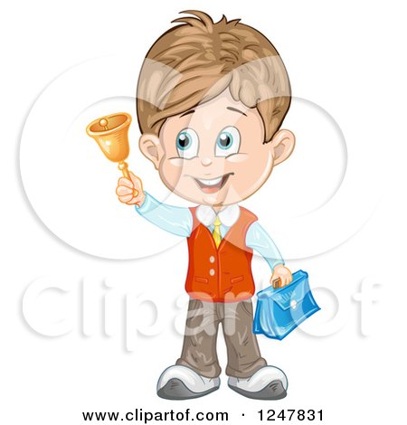 Clipart of a School Boy Holding up a Bell - Royalty Free Vector Illustration by merlinul