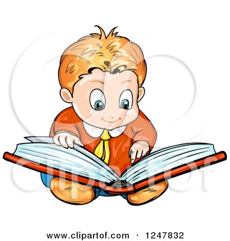 Clipart of a Boy Reading a Book on the Floor - Royalty Free Vector Illustration by merlinul