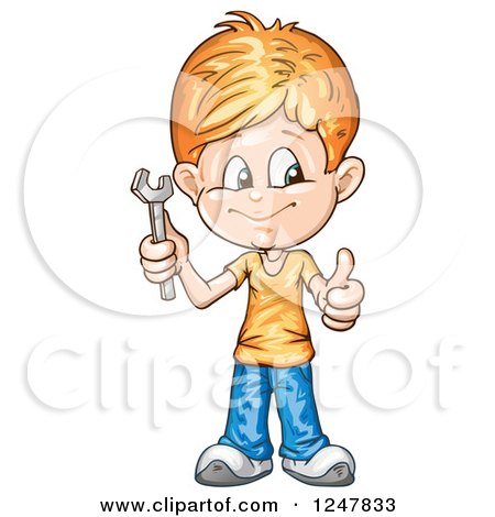 Clipart of a Boy Holding a Wrench - Royalty Free Vector Illustration by merlinul