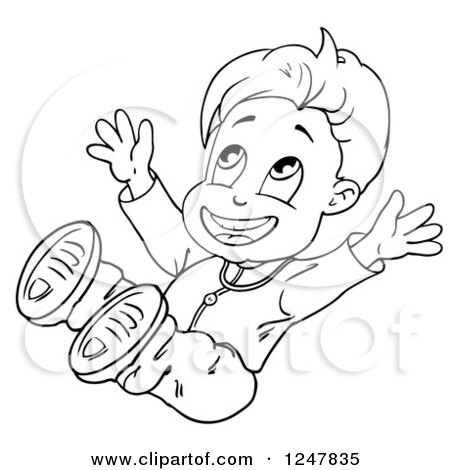 Clipart of a Black and White Jumping Boy - Royalty Free Vector Illustration by merlinul
