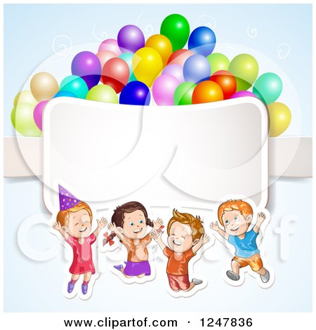 Clipart of Excited Children Jumping with Party Balloons over a Ribbon - Royalty Free Vector Illustration by merlinul