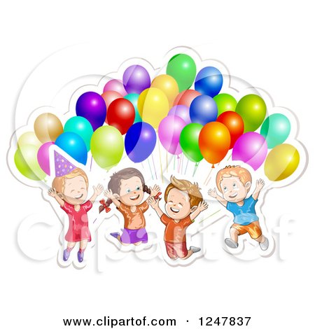 Clipart of Excited Children Jumping with Party Balloons - Royalty Free Vector Illustration by merlinul