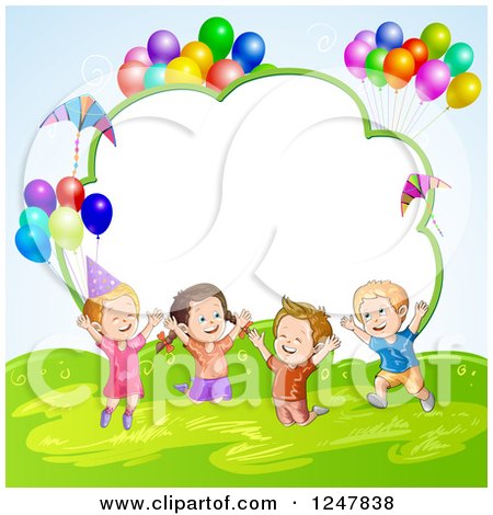 Clipart of Excited Children Jumping with Party Balloons over a Cloud Frame - Royalty Free Vector Illustration by merlinul